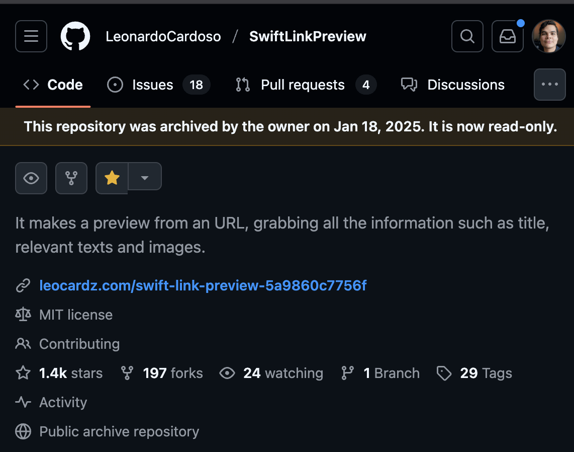 GitHub repository showing SwiftLinkPreview archived with 1.4k stars