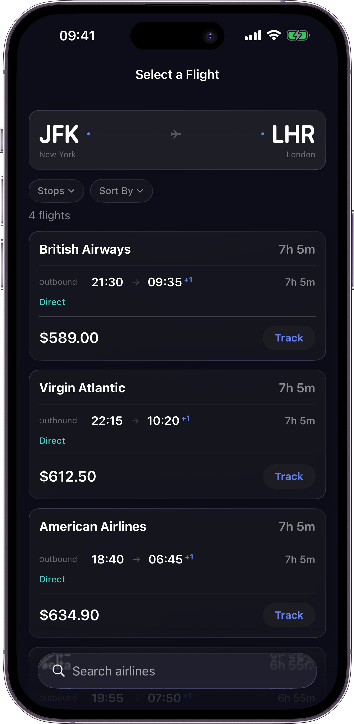 FareHawk flight results — compare options before you track