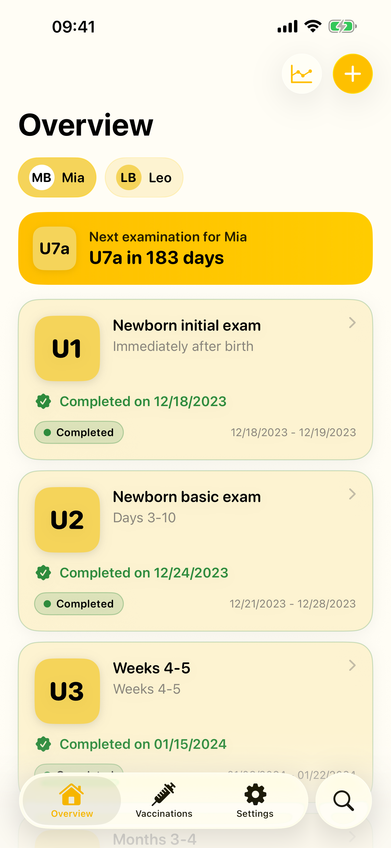 Kinderuntersuchungsheft watchlist: upcoming and completed U-exams per child