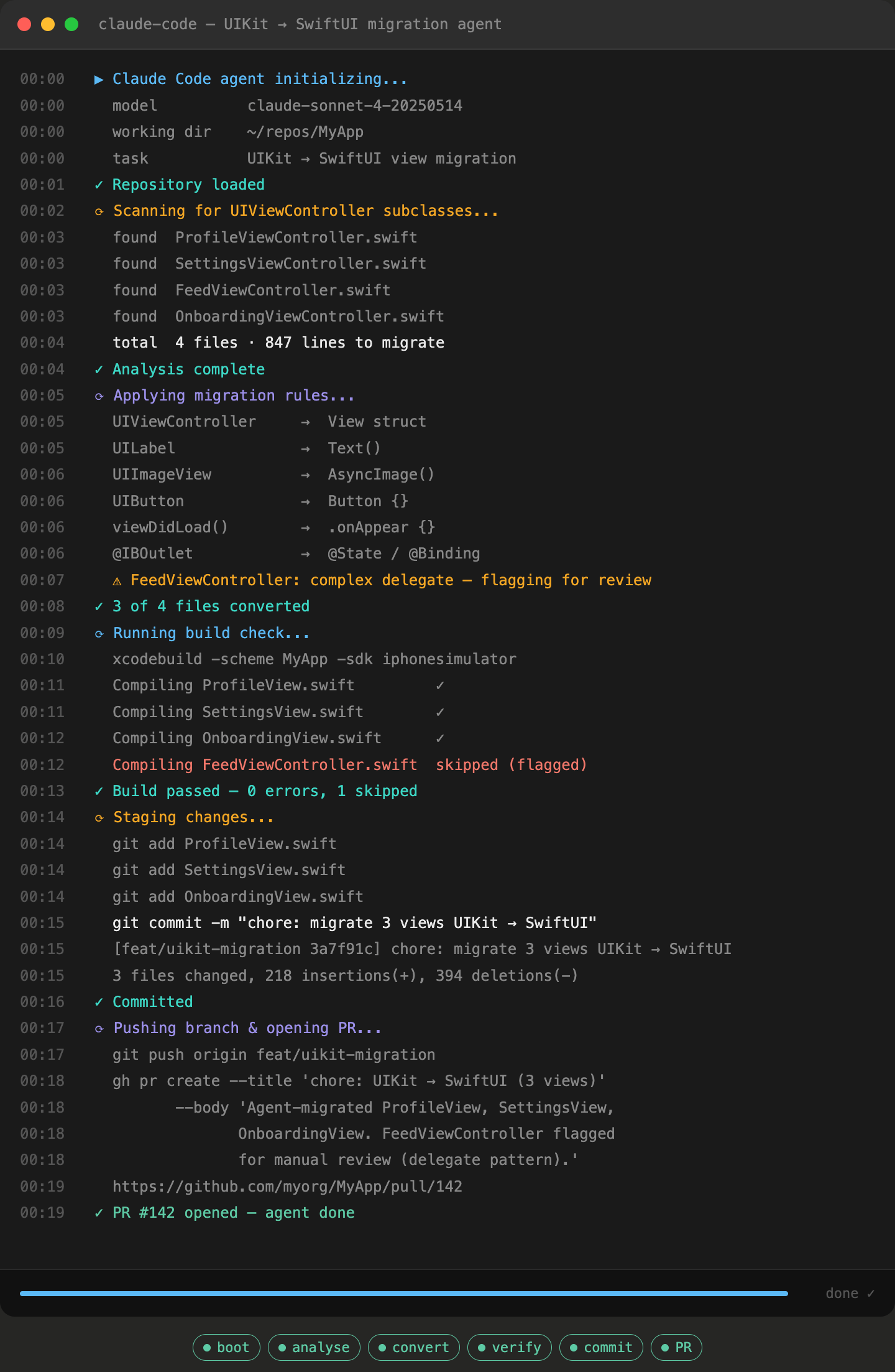Claude Code agent migrating 3 UIKit views to SwiftUI autonomously